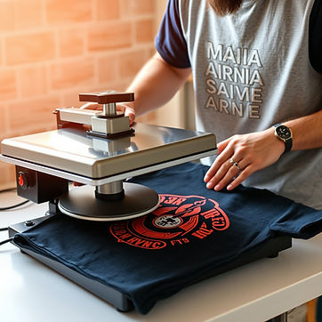 make a photo of someone using a heat press, on the heat press but a shirt being made with 
