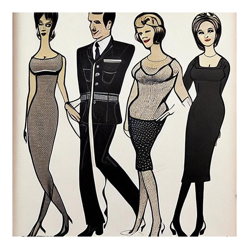 Drawing of one man and three women in the 1960s