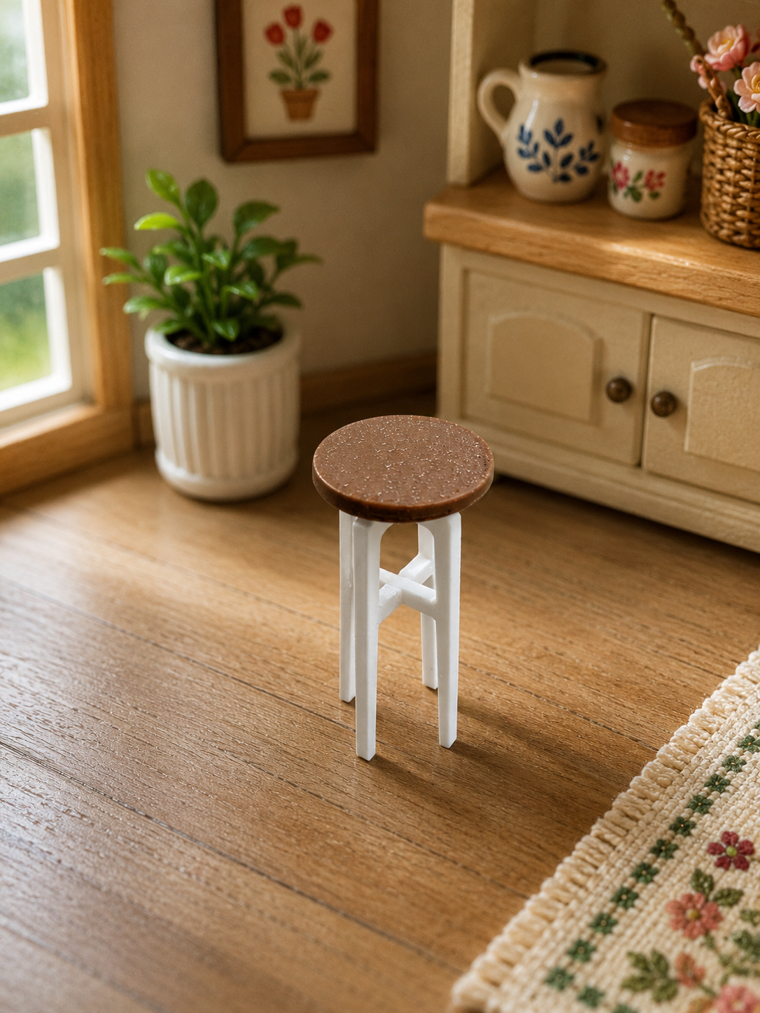 Miniature round stool with white legs and brown seat