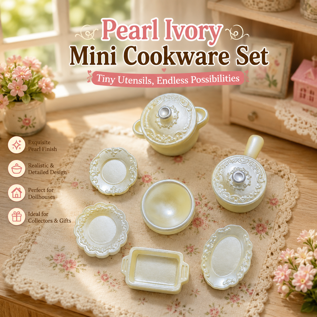 7-piece miniature cookware set for dollhouse kitchen