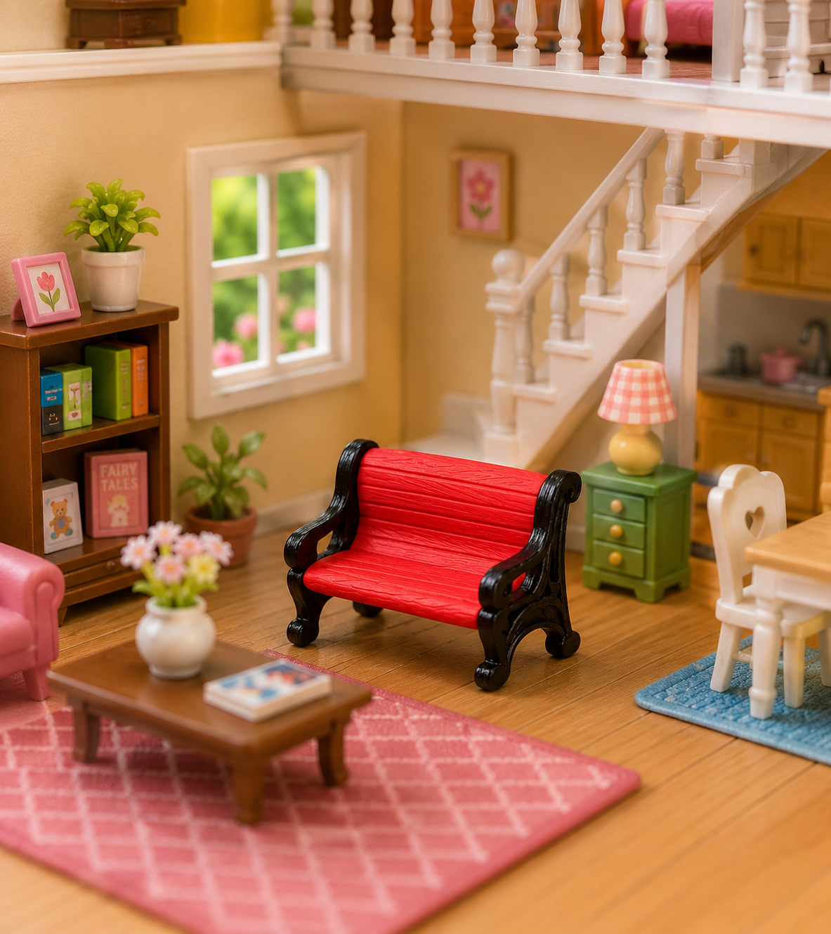 Miniature red park bench in a dollhouse living room