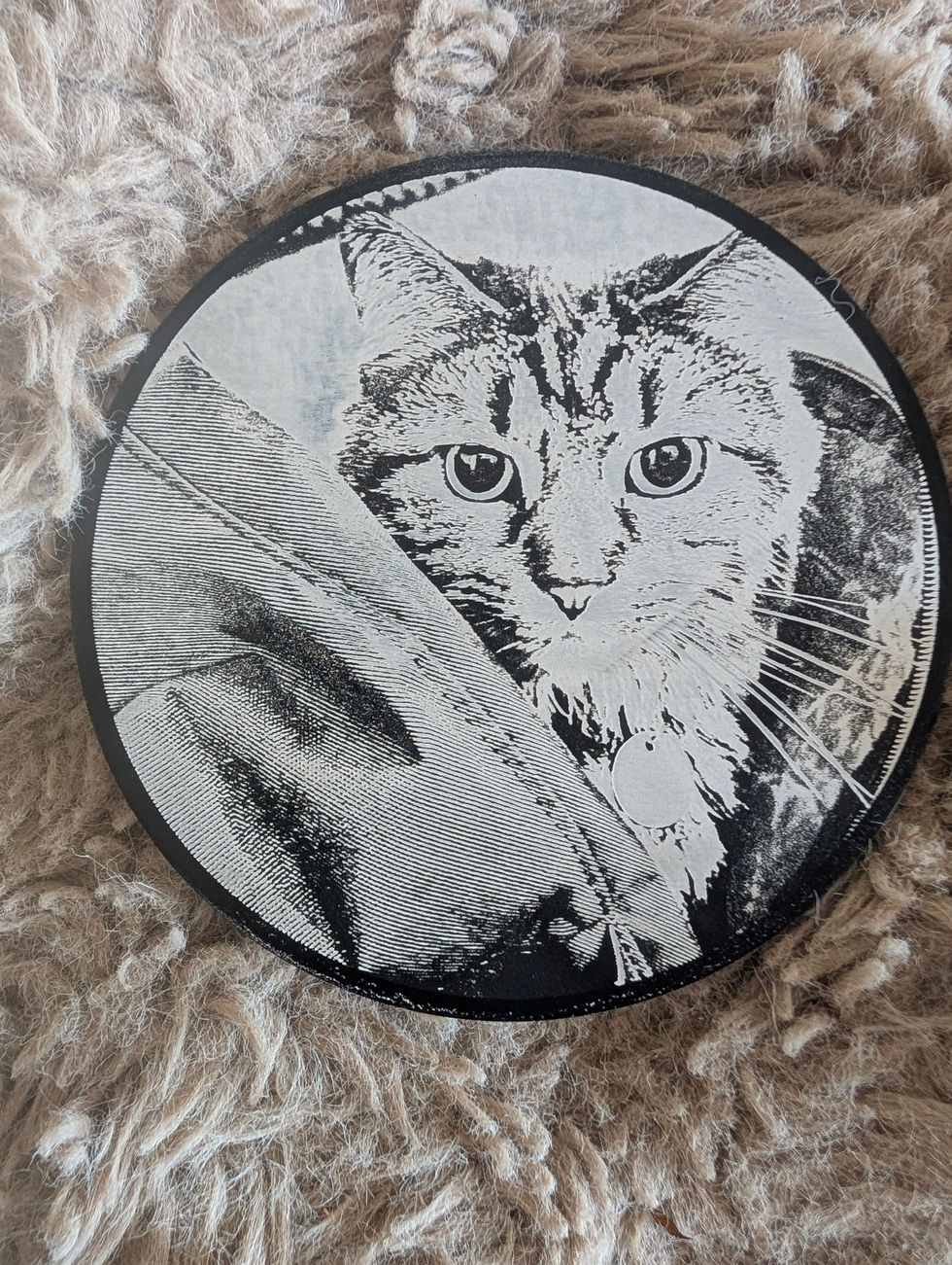Cute cat 'Pippin' hiding in a bag on circular slate coaster.
