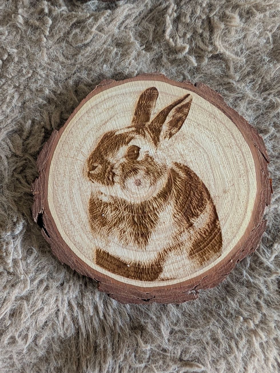Fluffy bunny 'Tompkin' on log end coaster.
