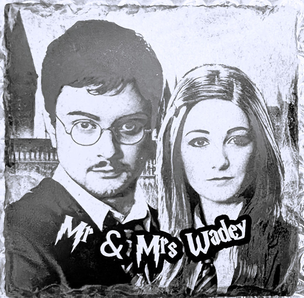 AI face-swap of the happy couple onto a slate coaster making an original Harry Potter and Ginny Weasley image