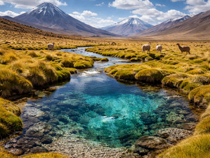 Manantial altiplánico de aguas cristalinas entre pastizales andinos y volcanes nevados, mientras llamas pastan bajo un cielo luminoso, evocando la ligereza y fluidez del gozo.