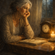 Mujer de cabello canoso sentada junto a una ventana durante la noche, observando en silencio un reloj sobre una mesa iluminada por una vela.