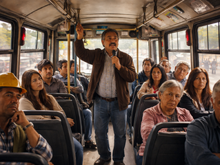 Interior de un bus o vagón de transporte público lleno de pasajeros serios y silenciosos. En el centro, un hombre de mediana edad habla de pie con un micrófono en la mano mientras los demás lo observan con indiferencia, cansancio o desconexión. La escena transmite incomodidad, fracaso y vulnerabilidad en medio de la rutina urbana.