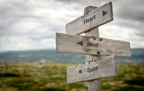 A made up sign in nature including three wooden labels "Heart", "Mind" and "Spirit" from top to bottom, depicting the relationship between sexual dysfunction to other things.