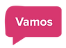 Vamos in white over a fuschia comic bubble