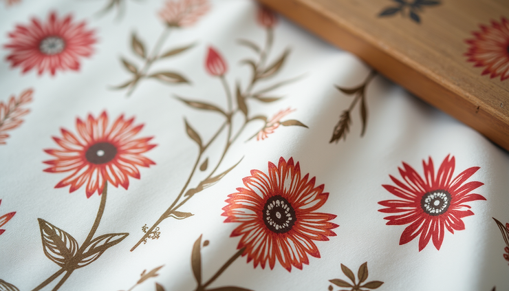 Close-up view of wooden block stamping floral patterns on white fabric
