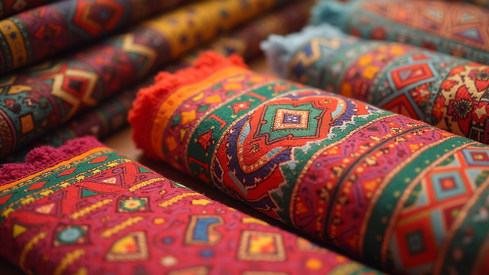 Eye-level view of colorful Rajasthani textiles with geometric motifs