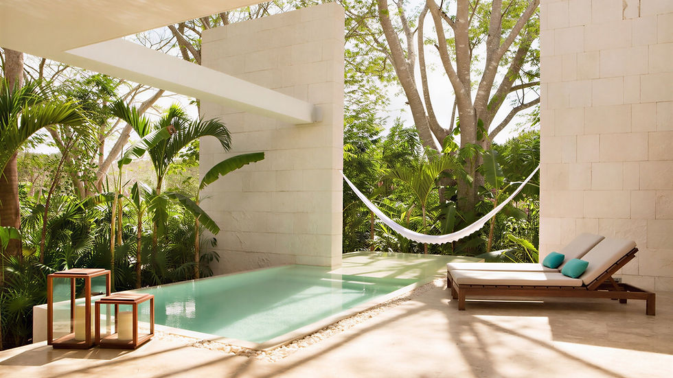 Outdoor pool scene beside beige walls, with lounge chairs and teal cushions. A hammock is draped between trees, surrounded by lush greenery.