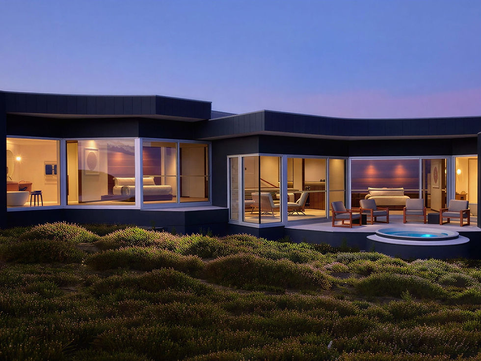 Exterior of Remarkable Suite at Souther Ocean Lodge with large windows, warm interior lighting, surrounded by grassy landscape. Evening sky casts a serene mood.