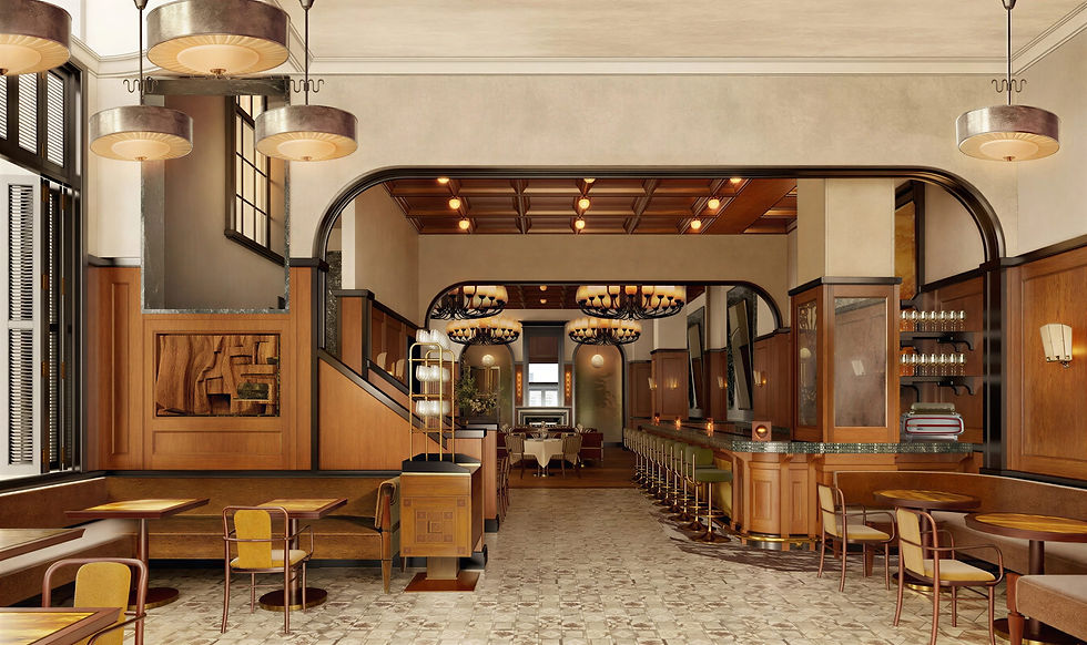 The Bar and Dining Room at Locanda Verde Hudson Yards with wood paneling, warm lighting, yellow chairs, marble floor, and arched ceiling. Cozy and inviting atmosphere.
