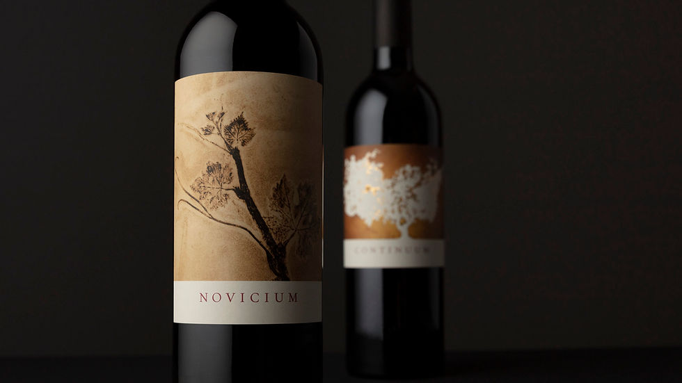 Two wine bottles with elegant labels on a dark background. The front label shows a branch, text "NOVICIUM." The rear label has a tree.