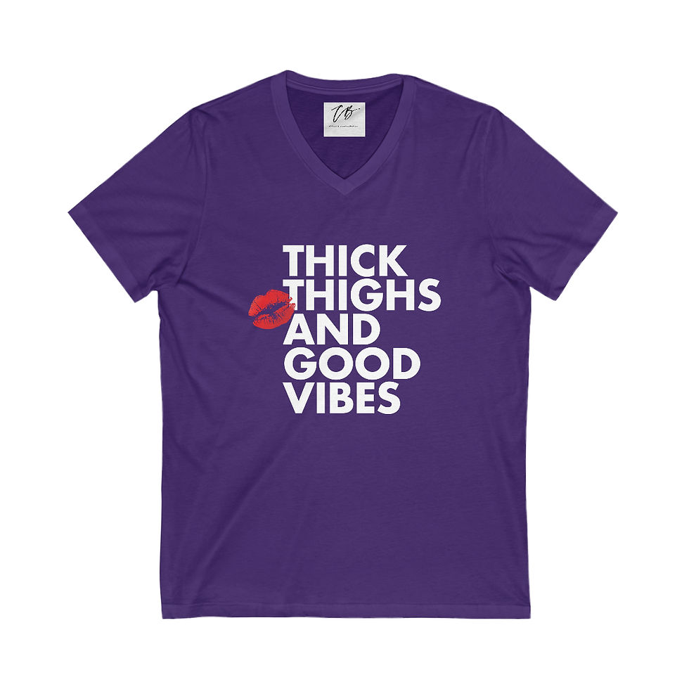 Thumbnail: "Thick Thighs And Good Vibes" (WHITE TEXT) Unisex Jersey Short Sleeve V-Neck Tee