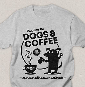 Gray t-shirt with illustration of dog pouring a giant cup of coffee.