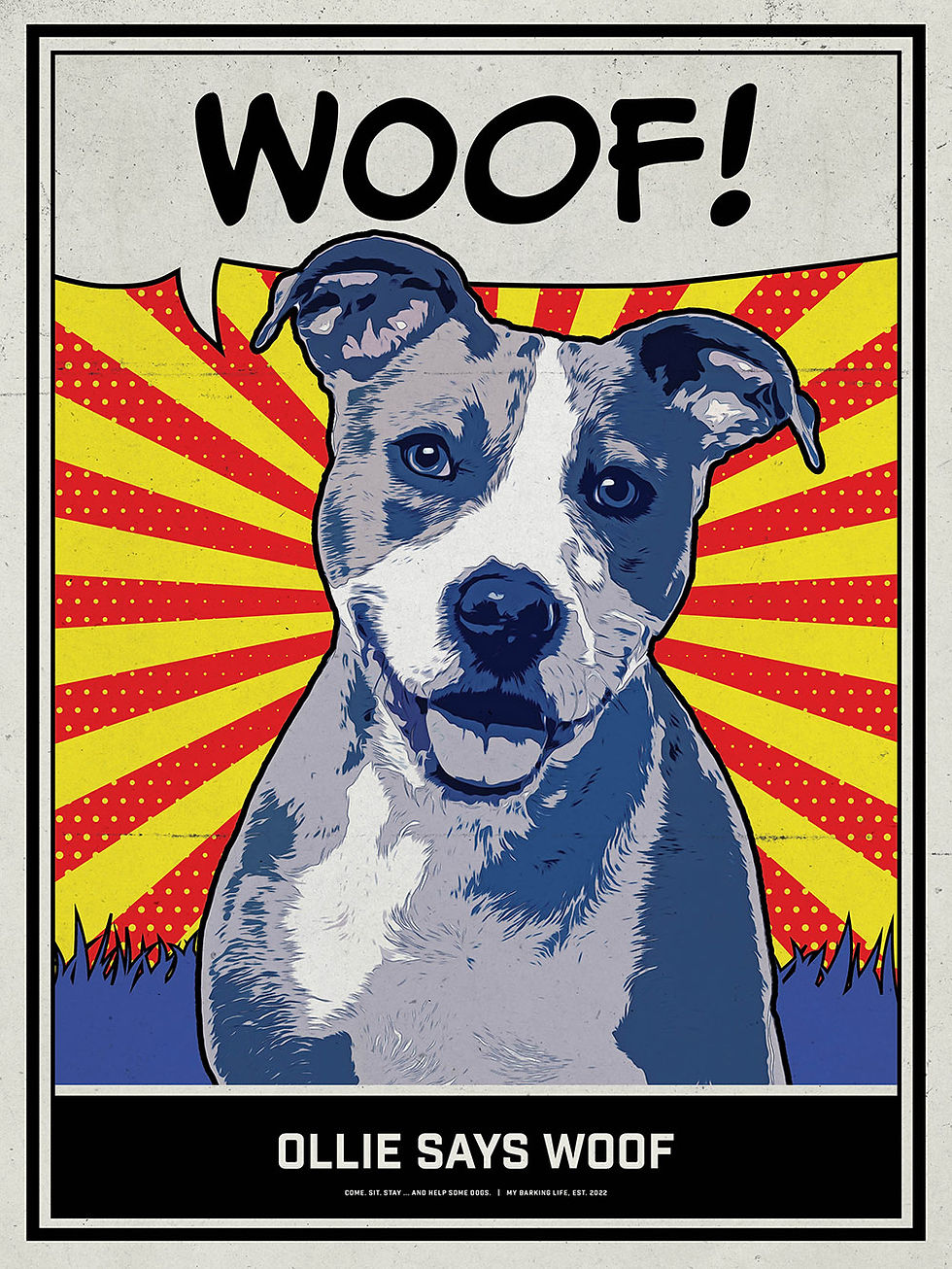 Colorful custom pet portrait featuring a bold blue dog on a red and yellow background with a cartoon header that says WOOF!