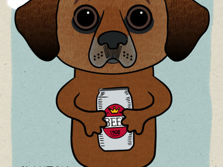 Digital illustration of Clayton the bloodhound-coonhound mix drinking a can of beer on a sunny day.