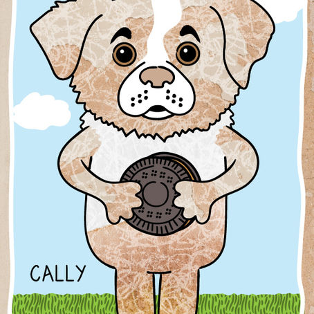 Cute mixed media digital illustration of a dog eating a chocolate sandwich cookie.
