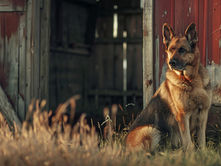 A beautiful German Shepherd sits near an old barn in a field.