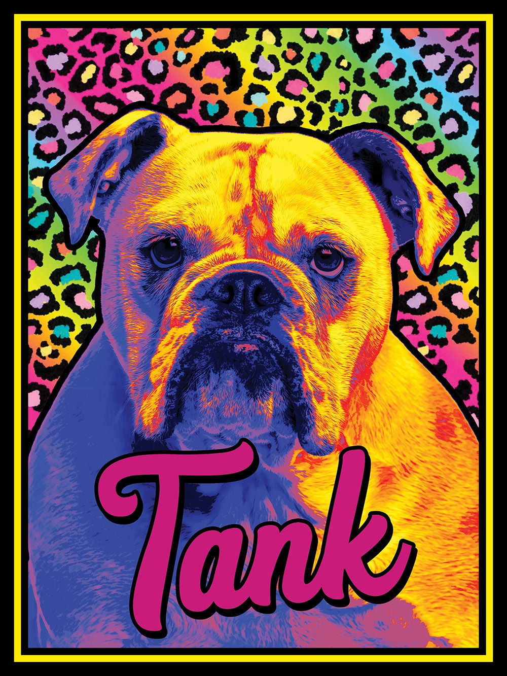 Colorful pet portrait in a Lisa Frank style with leopard print background and neon color palette.
