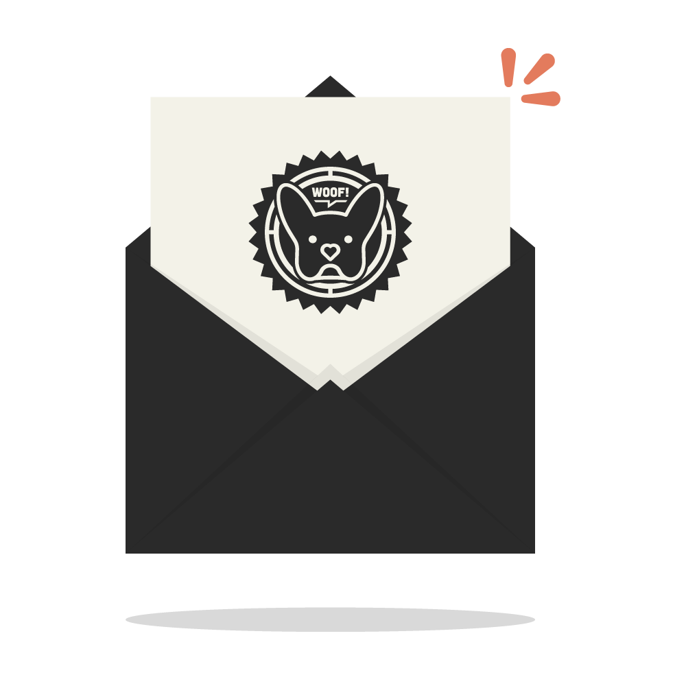 A letter with the My Barking Life logo pops out of a black envelope.