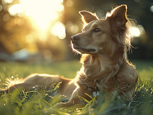 A beautiful dog lays in the grass as the sun sets in the background.