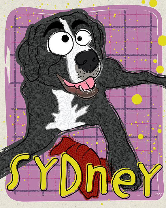 An intentionally bad doodle of a black and white dog named Sydney.