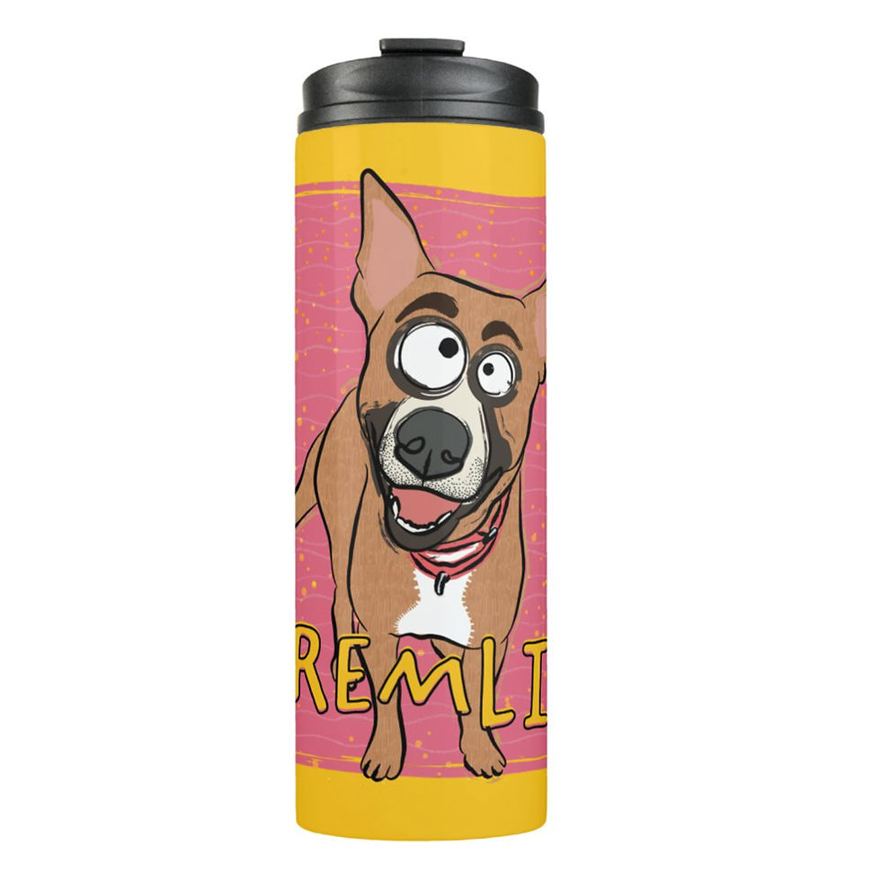 Thermal tumbler featuring custom pet doodle artwork.