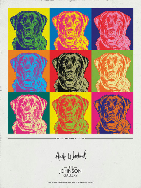 Colorful pop art-style custom pet portrait featuring a dog in different colors in nine squares.