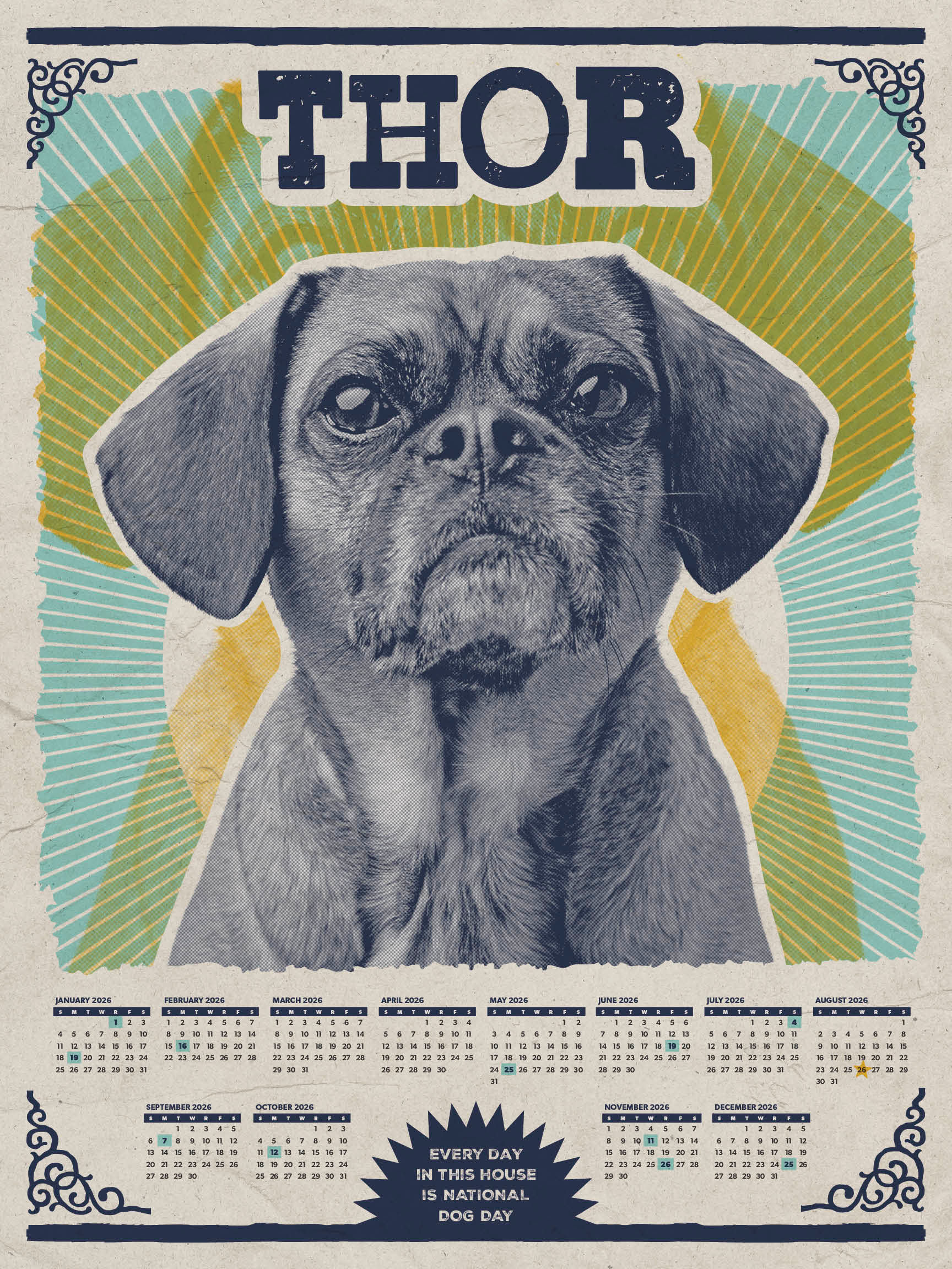 2026 National Dog Day Vintage Burst Wall Calendar