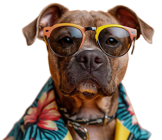 A dog wearing sunglasses and a colorful Hawaiian print shirt.