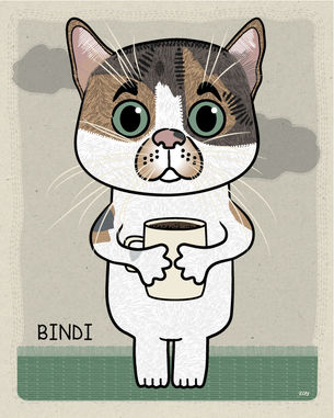 Cute digital illustration of Bindi drinking a coffee and thinking of Little Man.