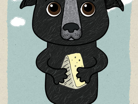 Digital illustration of Shadow the dog holding a block of cheese.