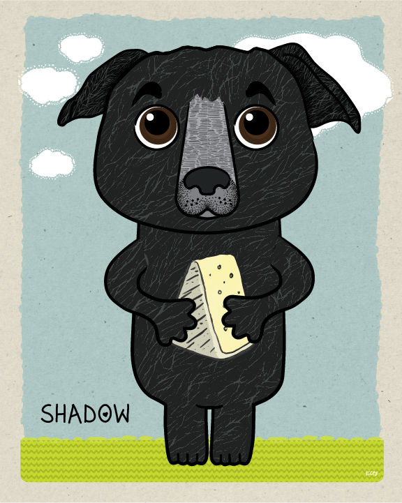 Cute digital illustration of Shadow the dog holding a block of cheese.