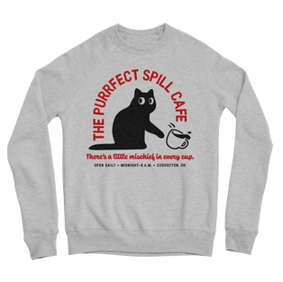 Cute sweatshirt with cat knocking over a cup of coffee as a promo for the fictional Purrfect Spill Cafe.