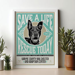 Vintage letterpress-inspired promotional poster featuring a dog from a shelter and the message "Save a life, rescue today!"
