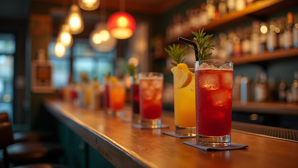 Eye-level view of a cozy bar with colorful drinks on the counter