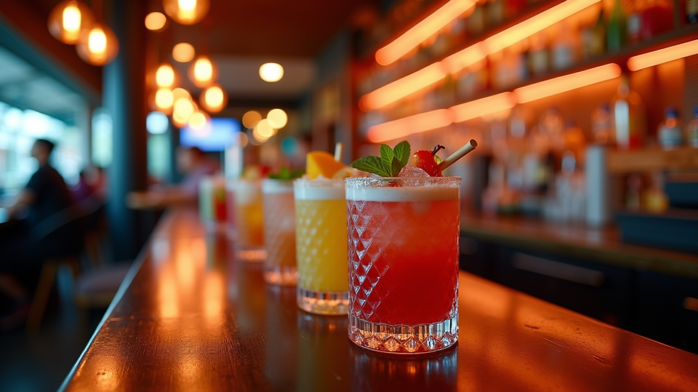Eye-level view of a vibrant bar with colorful cocktails