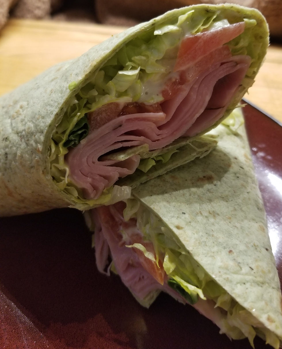 Thumbnail: Black Forest Ham, Lettuce, Tomato, and Ranch Dressing in a Spinach Herb Wrap