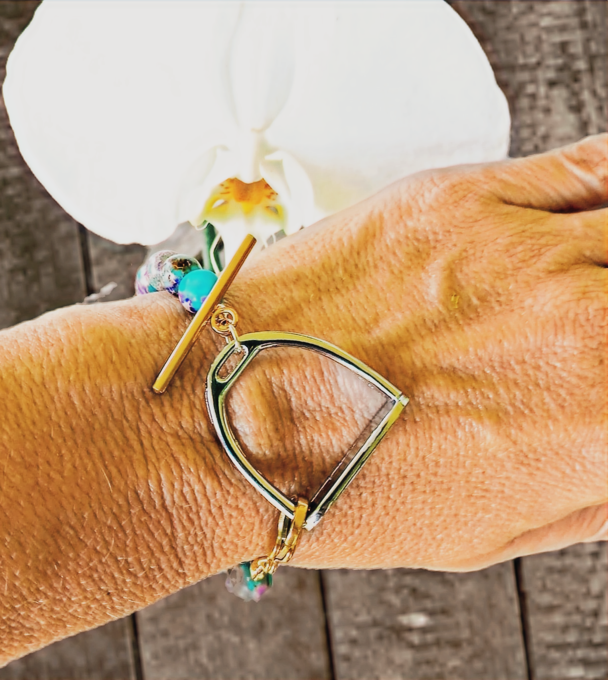 Stirrup Bracelet with Blue Sea Sediment Natural Jasper Beads