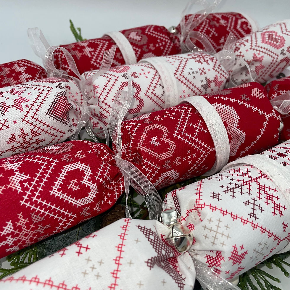 Thumbnail: Red & White Scandi Cross Stitch Fabric Crackers Set of 4 - Reusable & Pullable