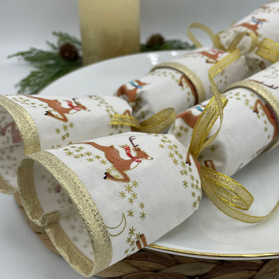 Thumbnail: Ivory Reindeer Gold Metallic Fabric Crackers Set of 2 Reusable, Pullable