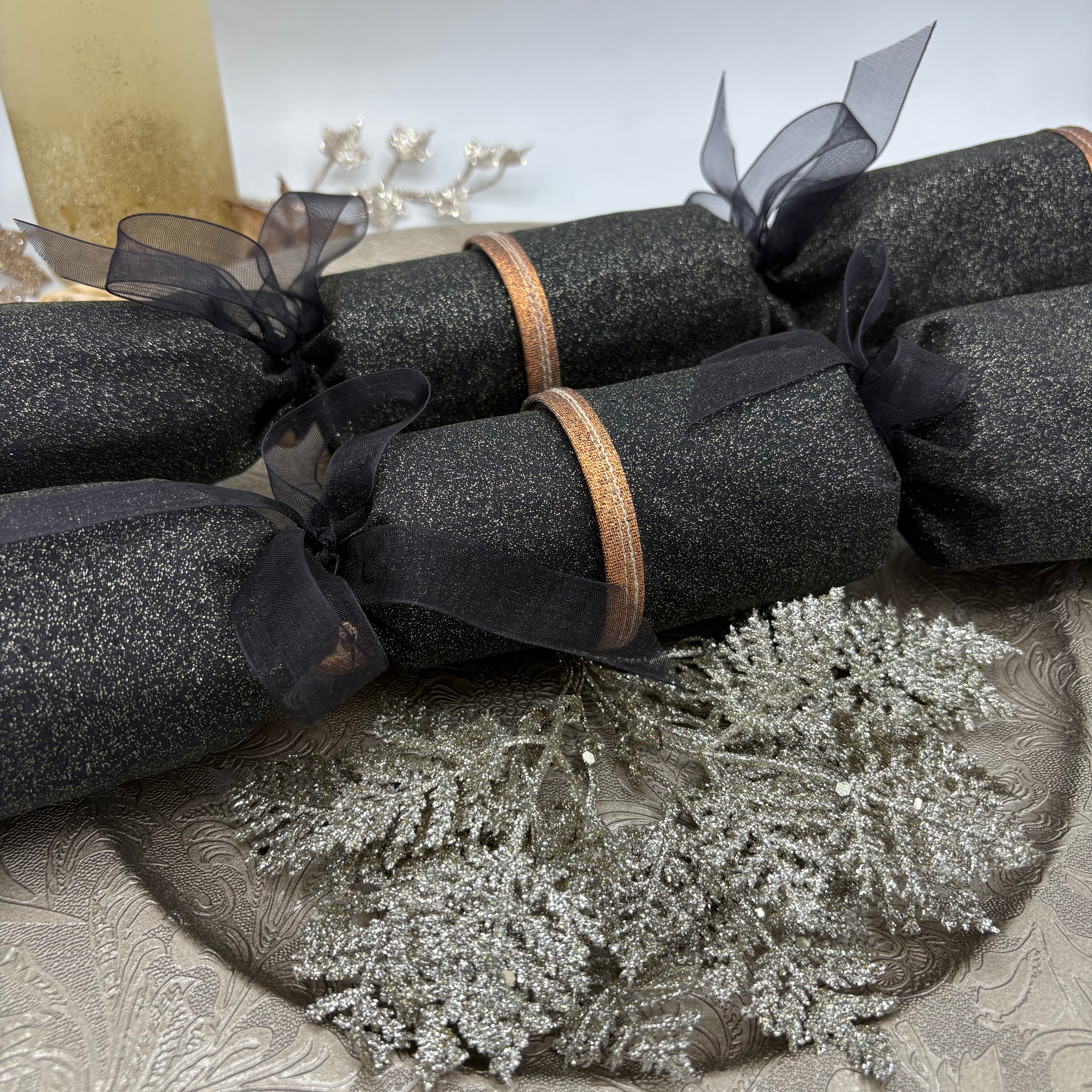 Set of 6 Black & Copper Glitter Fabric Crackers