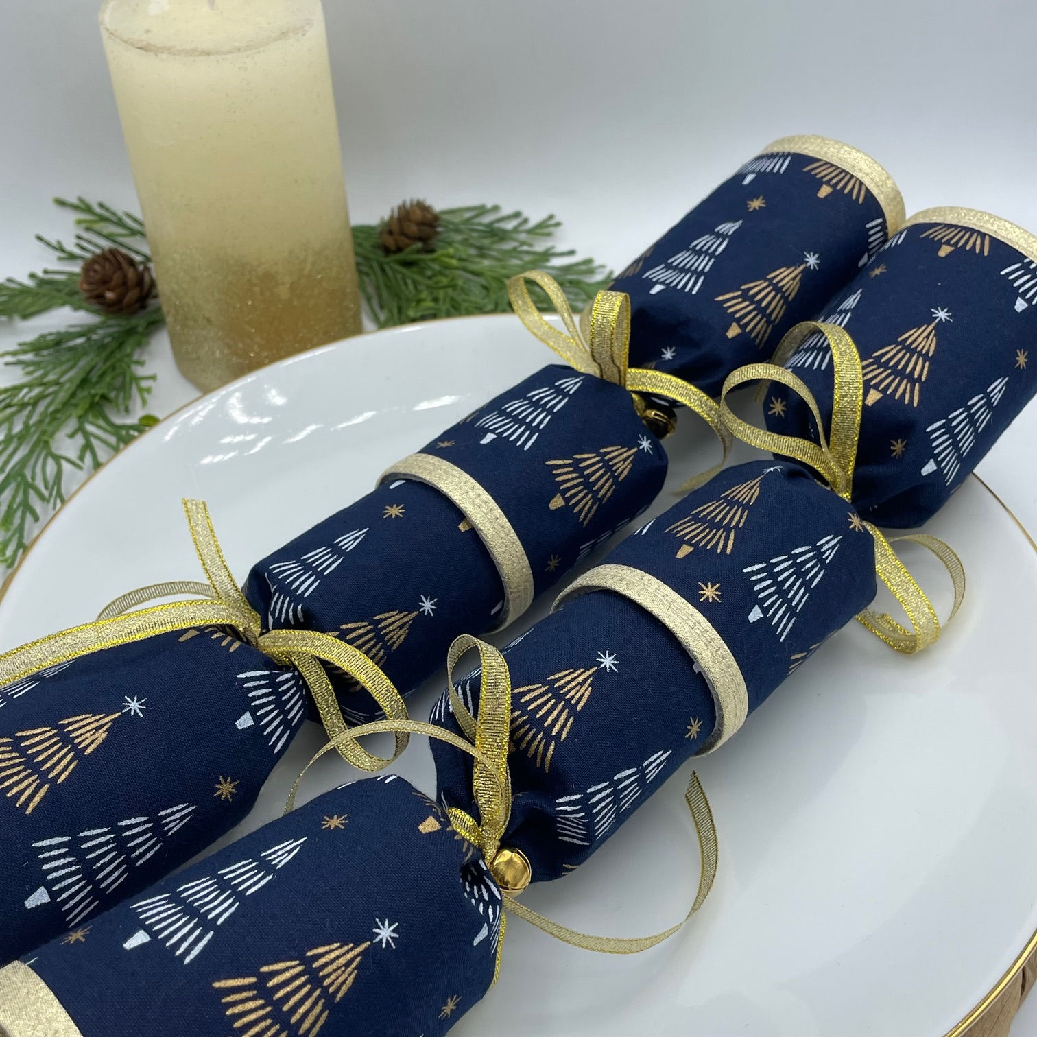 Navy Blue & Gold Trees Fabric Reusable Christmas Crackers - Set of 6