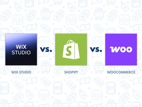 Porovnání tří log: Wix Studio (modré), Shopify (zelené) a WooCommerce (fialové) na jasném pozadí s nákupními ikonami.
