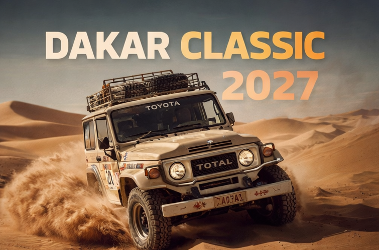Toyota SUV racing through sand dunes in the desert with dust flying, under the text "DAKAR CLASSIC 2027" in bold letters.
