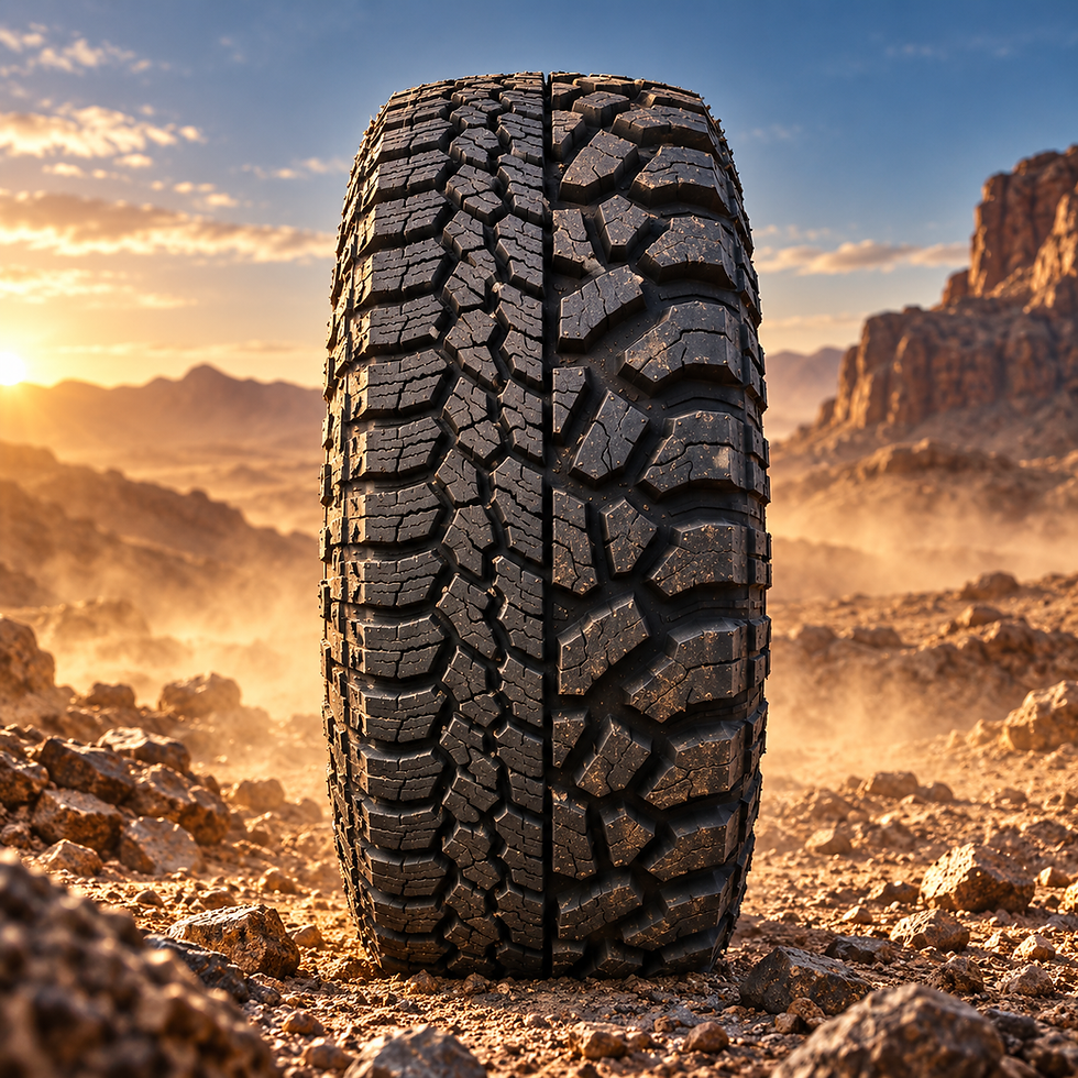 Large rugged off-road tire standing upright in a rocky desert at sunset, with warm golden light and dusty mountains.