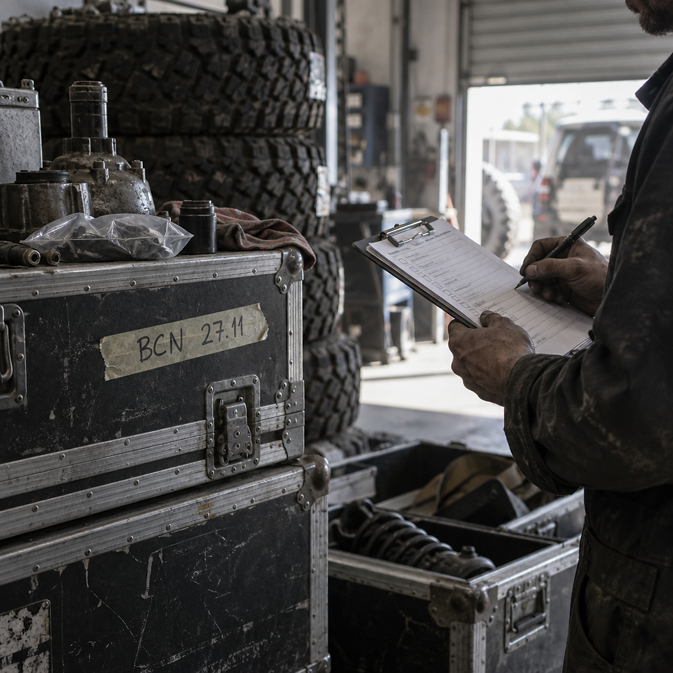 TimeOut Racing mechanics on a video call next to a Dakar Classic car in the workshop